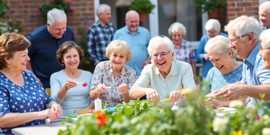 Seniors enjoying social activities together in a sunny garden.