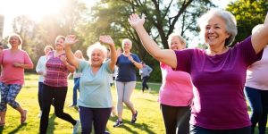 Seniors exercising outdoors, enjoying fitness and health together.