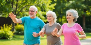 Senior couple exercising outdoors in a sunny park.