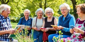 Seniors enjoying hobbies together in a sunny park.