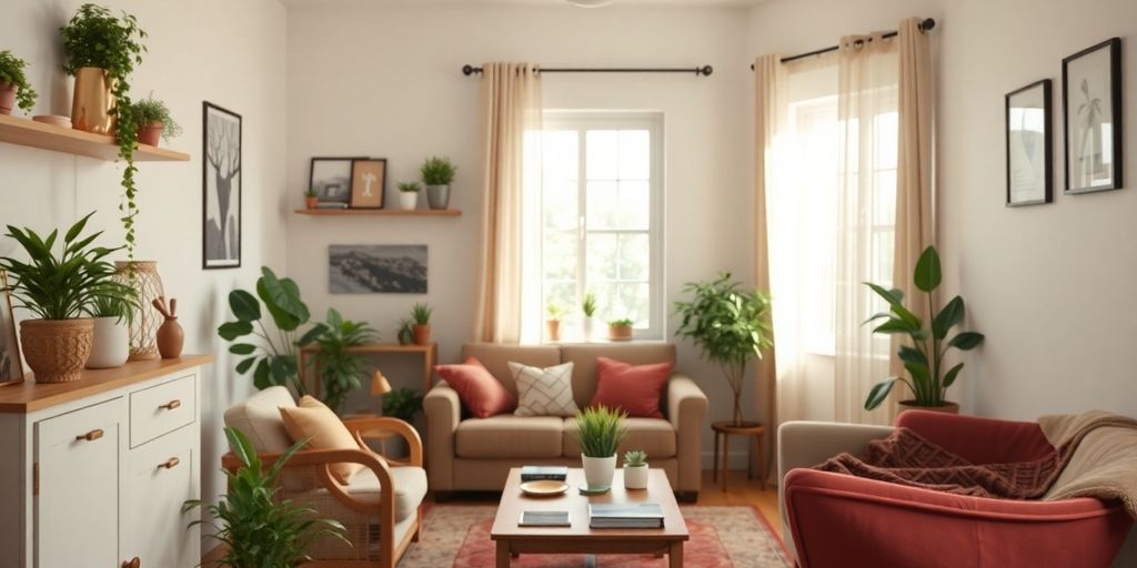 Cozy living space with plants and organized furniture.