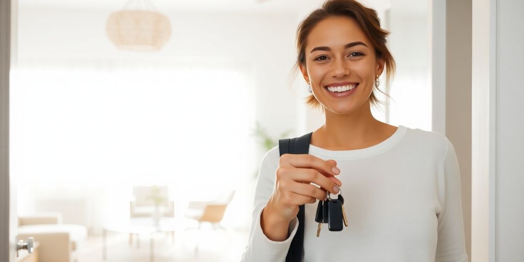 Person smiling, holding keys, entering bright apartment.
