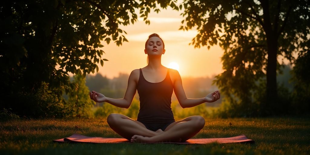 Person meditating outdoors, serene, peaceful.