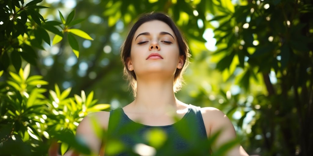 Person meditating calmly outdoors, peaceful expression.