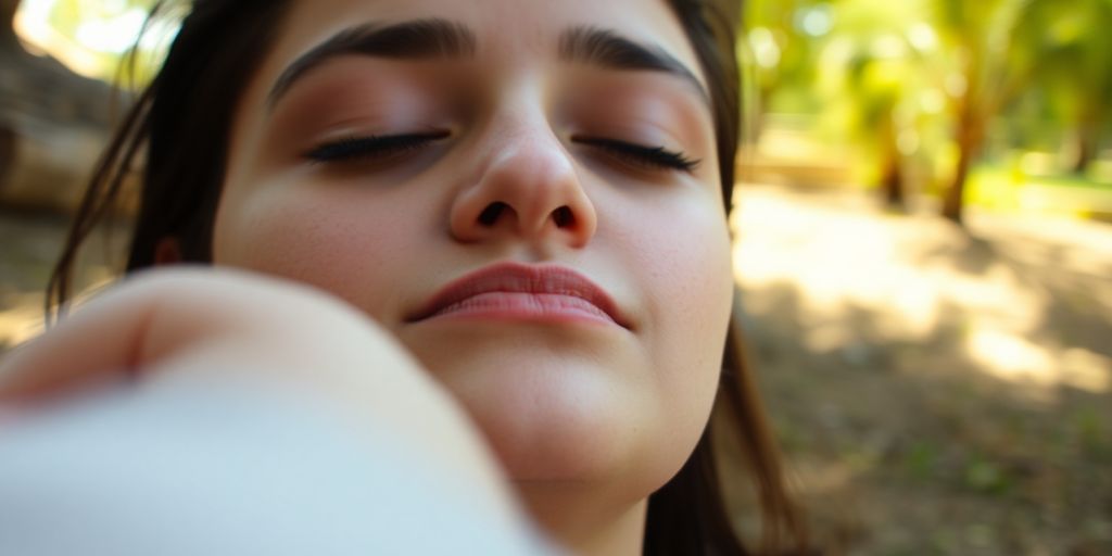 Person meditating peacefully in a serene, natural setting.