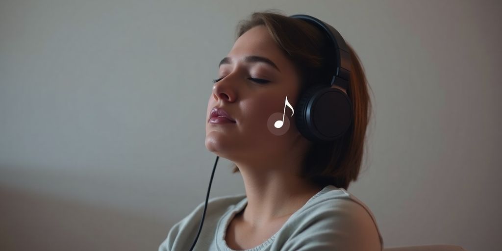 Person meditating with headphones, peaceful.