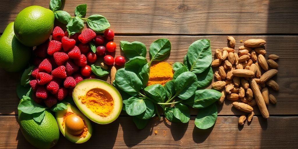 Colorful, healthy de-stress foods on rustic wooden table.