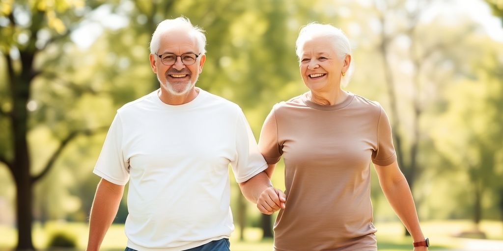 Happy senior couple walking outdoors, sunlit.