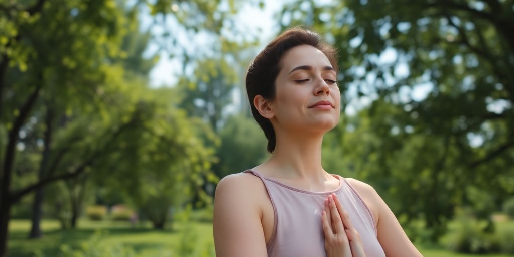 Person practices calming exercise outdoors.
