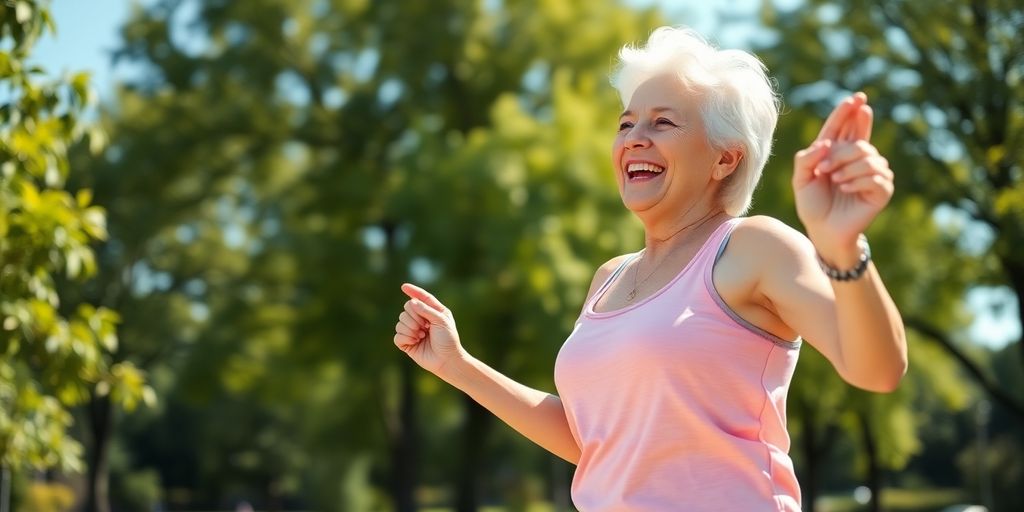 Happy senior woman exercising outdoors.