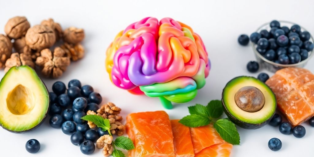 Colorful brain with vibrant, memory-boosting foods.