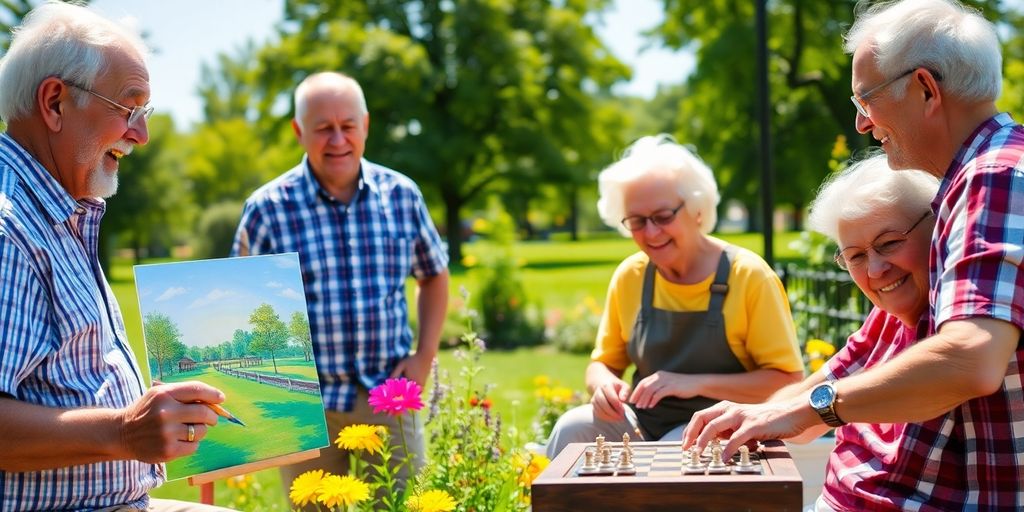 Seniors enjoying diverse hobbies outdoors.