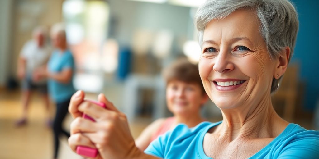 Senior woman smilingly performing arm exercises with light weights