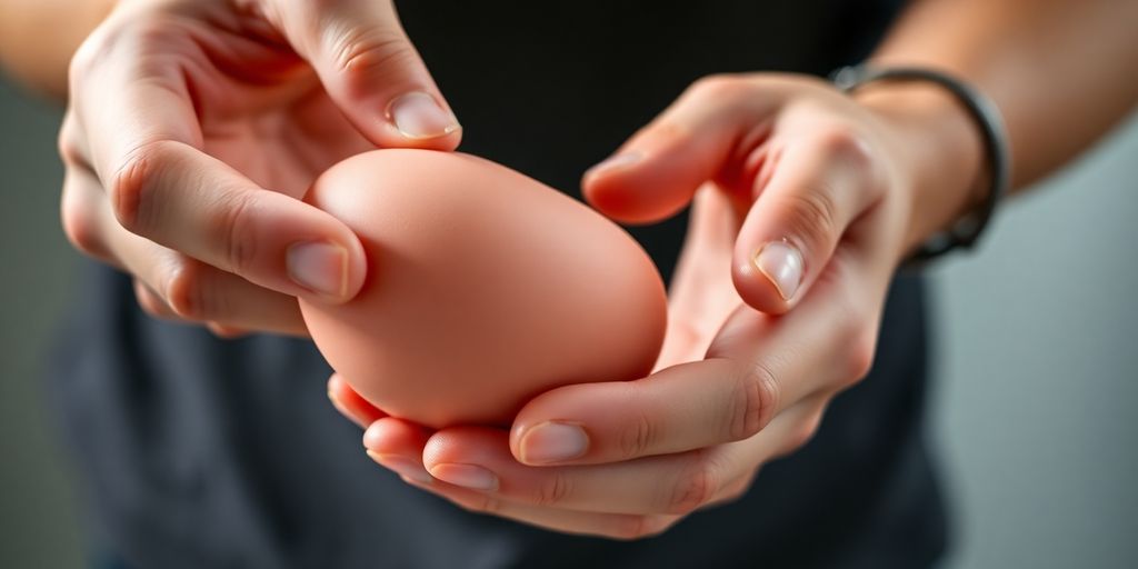 Man holding a realistic, flesh-toned testicle-shaped stress ball.