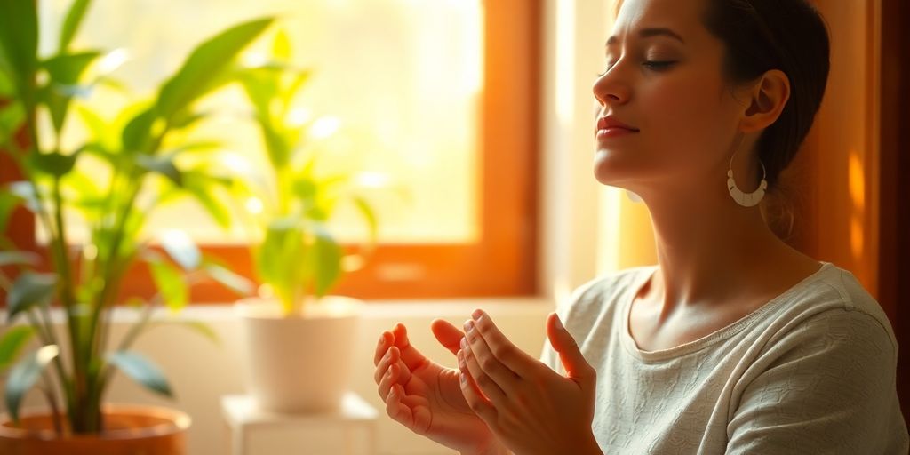 Person meditating, calm, natural lighting.