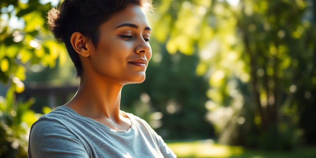 Relaxed person meditating outdoors, serene natural light.