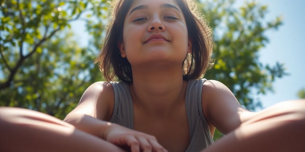 Person meditating peacefully outdoors.