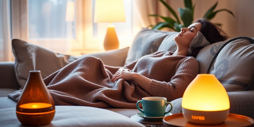 Person relaxing with stress-relief items at home.