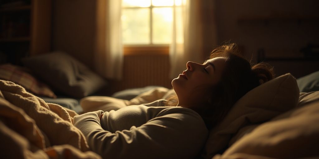 Person resting, soft light, cozy, calm, indoor scene.