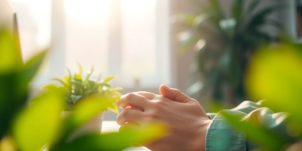 Person relaxing at desk, serene, green plants.