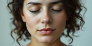 Person breathing deeply, eyes closed, serene.