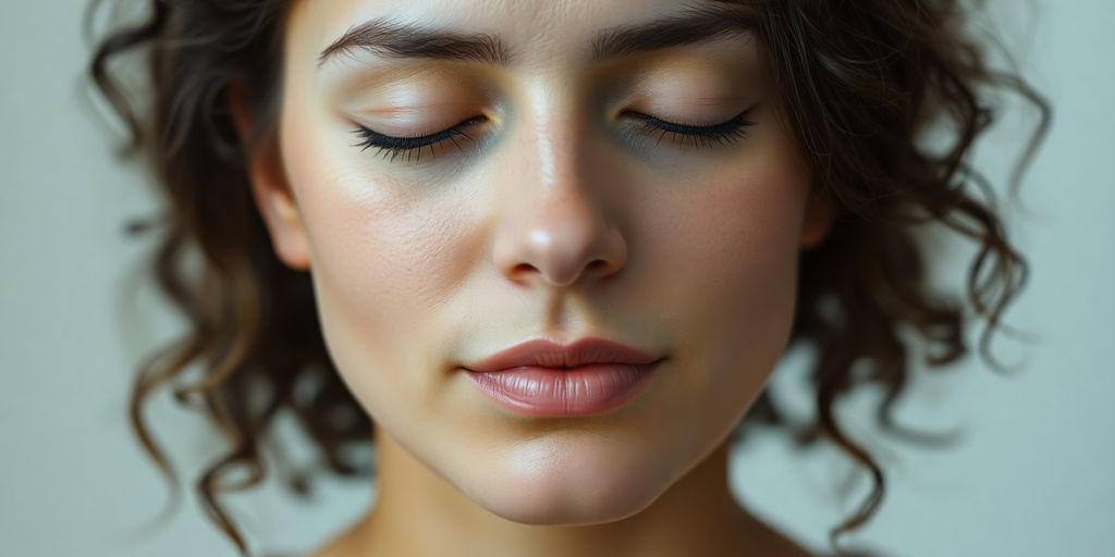 Person breathing deeply, eyes closed, serene.