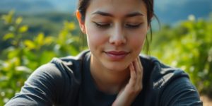 Person meditating peacefully in nature.