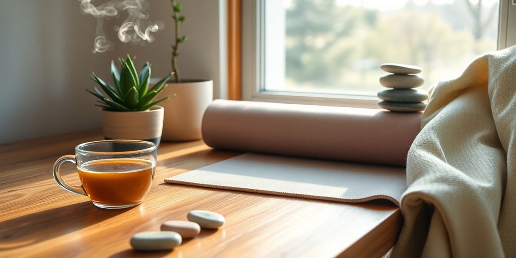Wooden desk by window with tea, plant, yoga mat, stones.