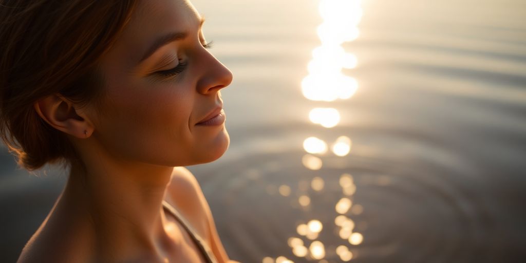 Person meditating peacefully by a serene lake.