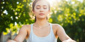 Person meditating peacefully in a sunlit, green outdoor setting.
