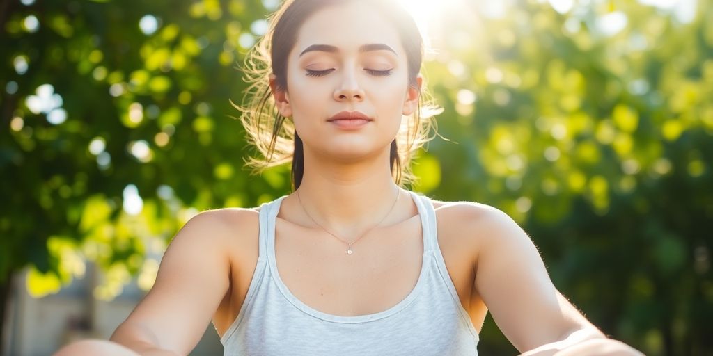 Person meditating peacefully in a sunlit, green outdoor setting.