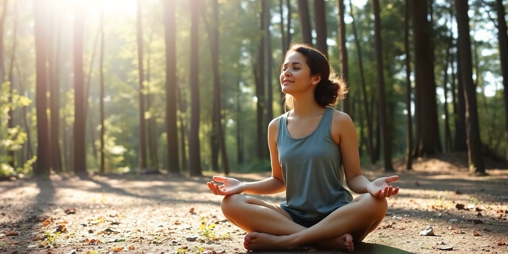 Serene person meditating outdoors bathed in sunlight.