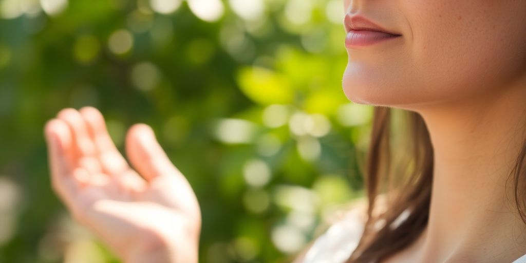 Person meditating peacefully in a calm, green setting.
