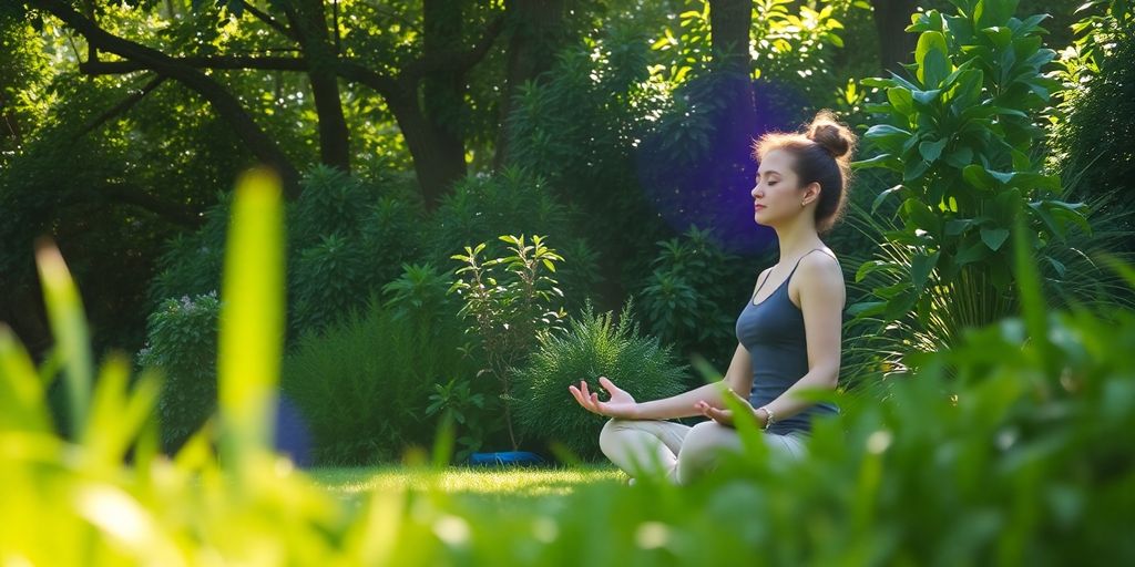 Person meditating peacefully outdoors.