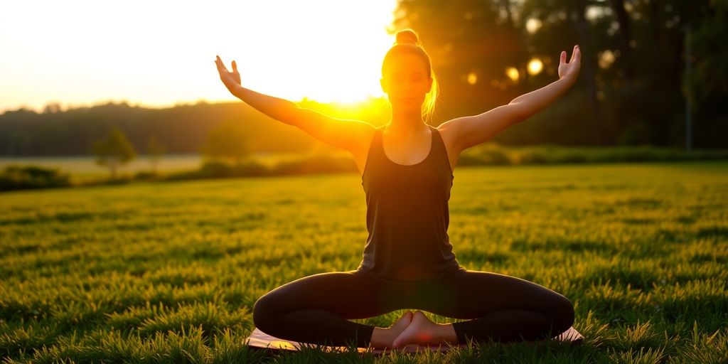 Person practicing yoga outdoors at sunrise.
