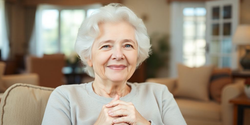 Elderly woman smiling, sitting in a sunlit common room.