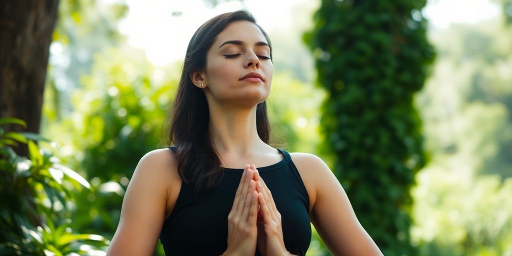Woman meditating outdoors, peaceful yoga pose.
