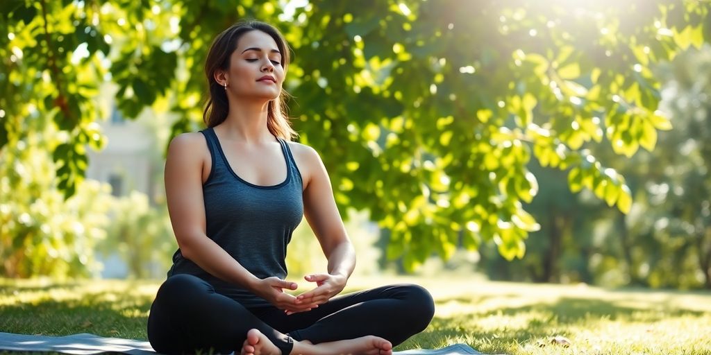 Person meditating peacefully outdoors, serene nature background.