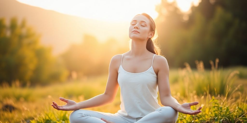 Person calmly meditating by a tranquil lake at sunrise.