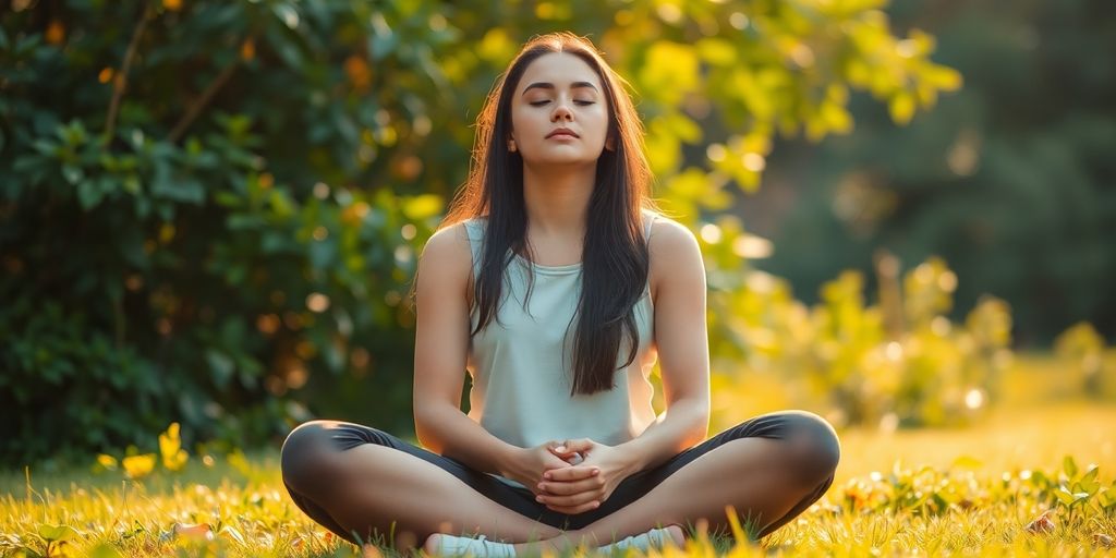 Person meditating peacefully outdoors.