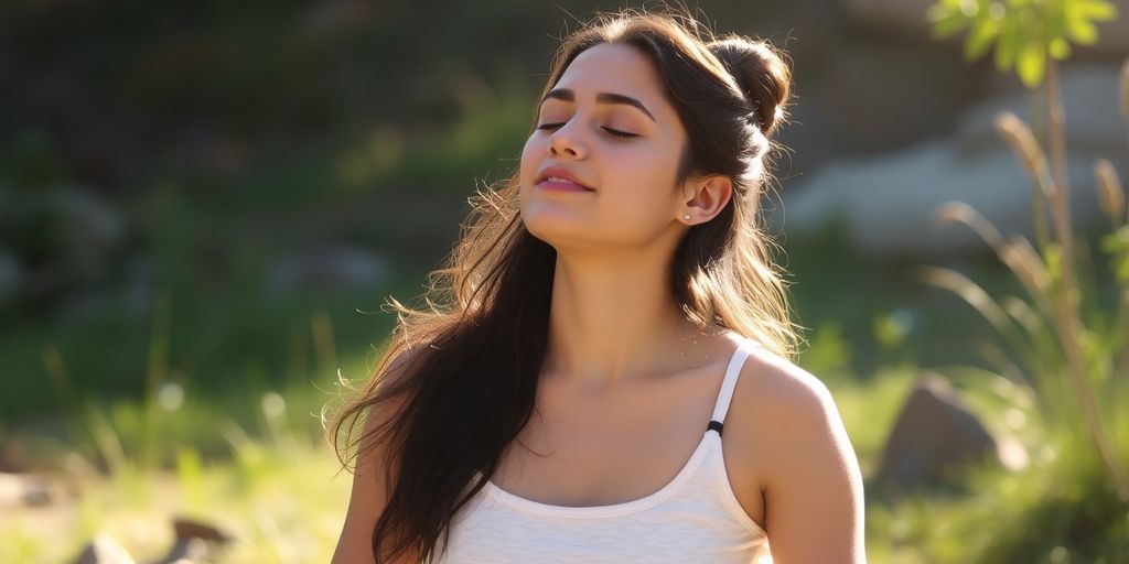 Person meditating peacefully outdoors.