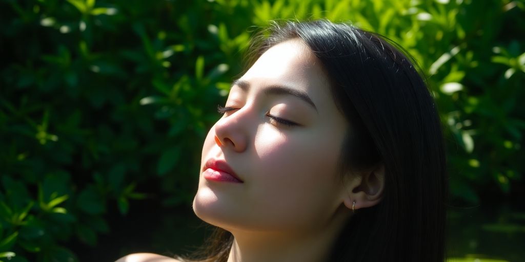 Person peacefully meditating outdoors.