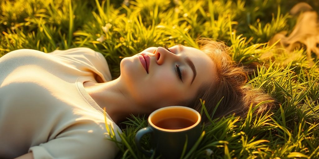 Person relaxing in sunlight with serene steam.