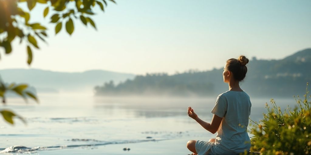 Person breathing deeply in a peaceful natural setting.