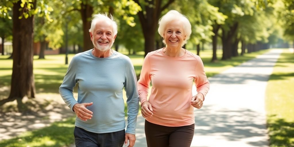 Active senior couple walking outdoors.