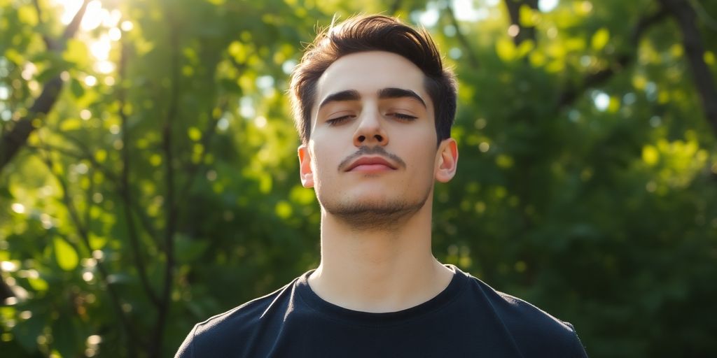 Person meditating peacefully in a serene natural setting.