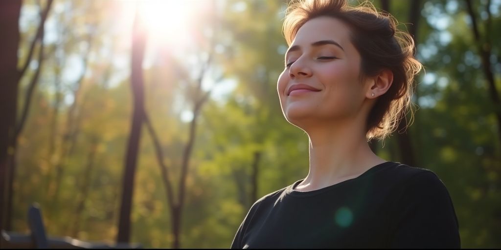 Person meditating peacefully outdoors in sunlight.