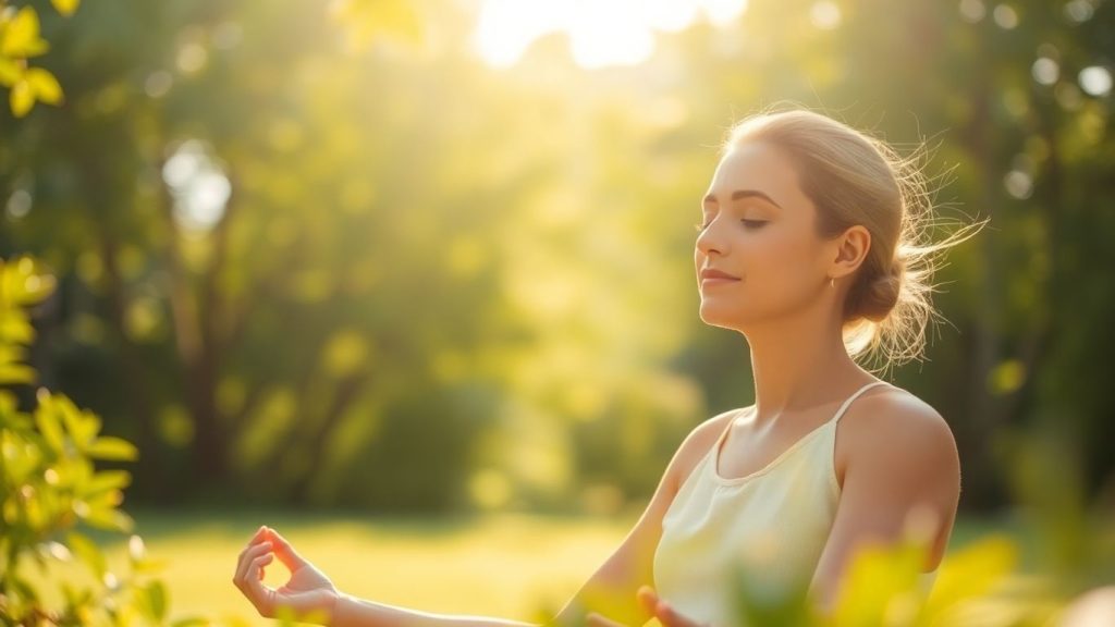 Person meditating peacefully outdoors in sunlight.