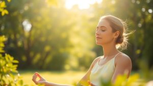 Person meditating peacefully outdoors in sunlight.