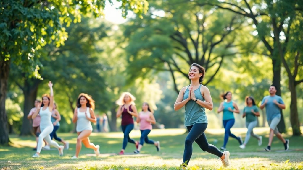 People doing yoga and jogging in a sunny green park.